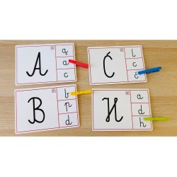 karty pracy do nauki małych i dużych liter alfabetu wraz z klamerkami w zestawie
