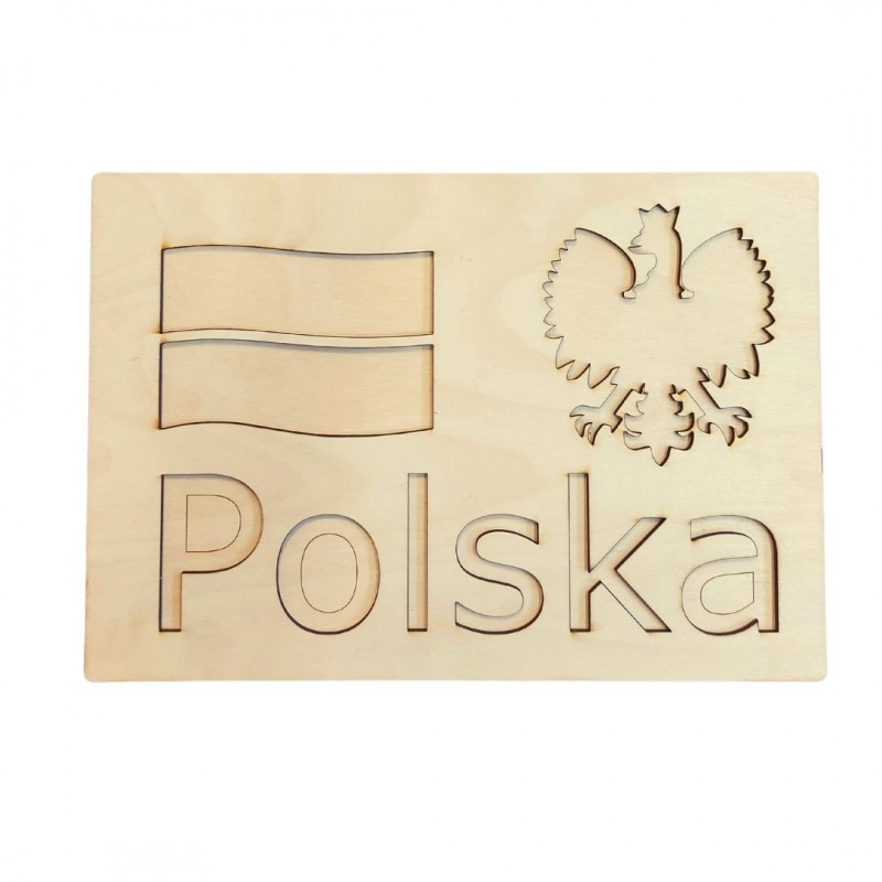 drewniana wsypywanka z napisem Polska, flagą oraz godłem do wysypywania