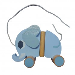 drewniana jasnoniebieska zabawka na kółkach do ciągnięcia dla dziecka w kształcie słonika