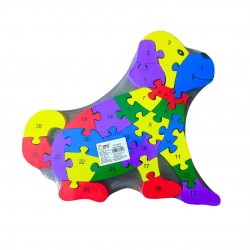kolorowe klocki puzzle z literami i cyframi w kształcie psa
